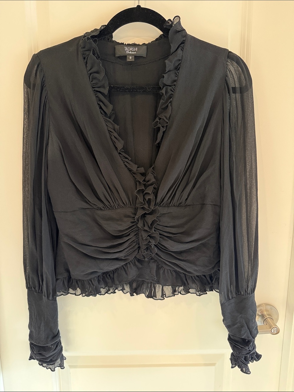 Vintage Tadashi Collection Shoji Black Ruffled V-Neck Sheer Sleeve Blouse